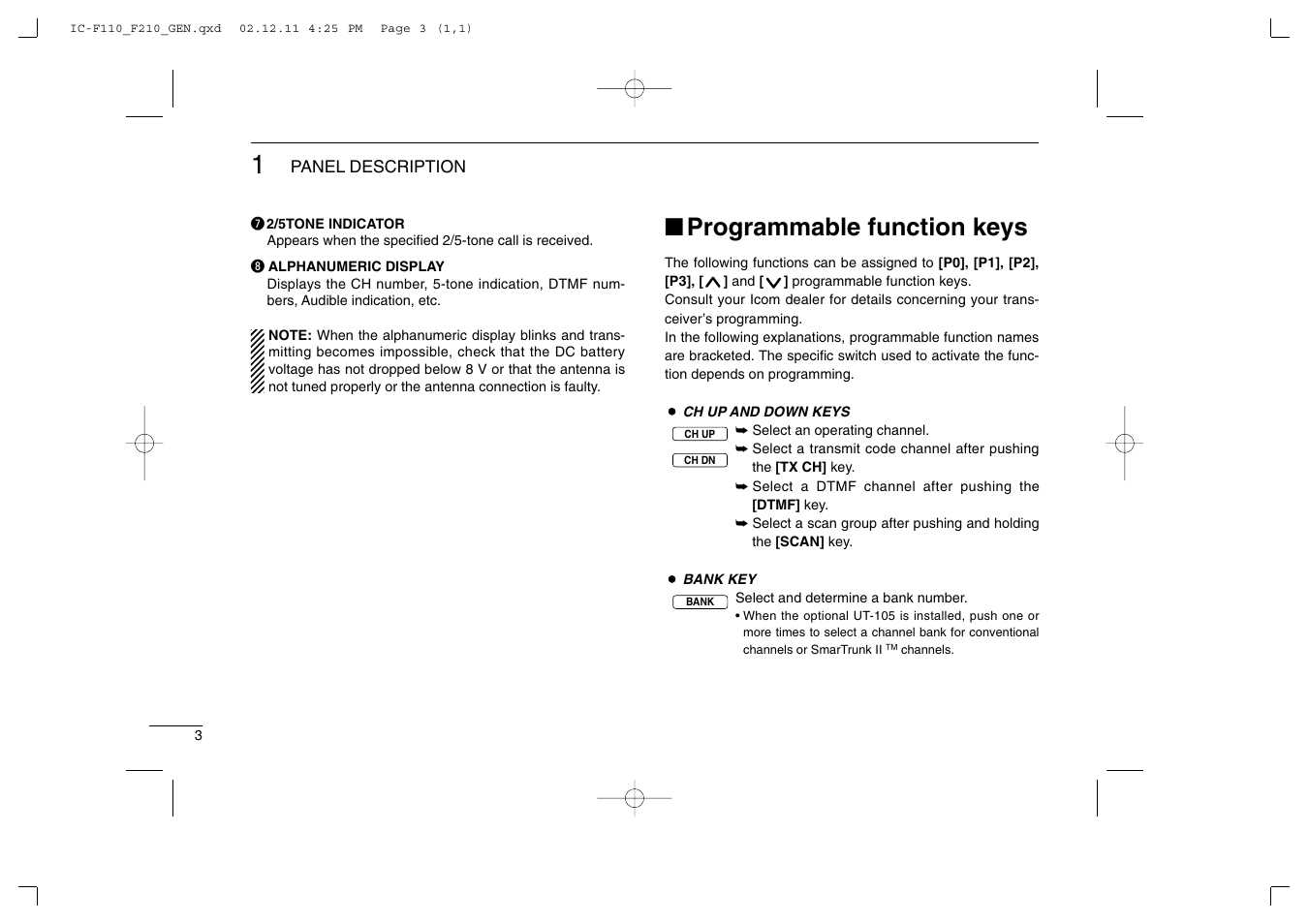 Programmable function keys | Icom IC-F210 User Manual | Page 6 / 24