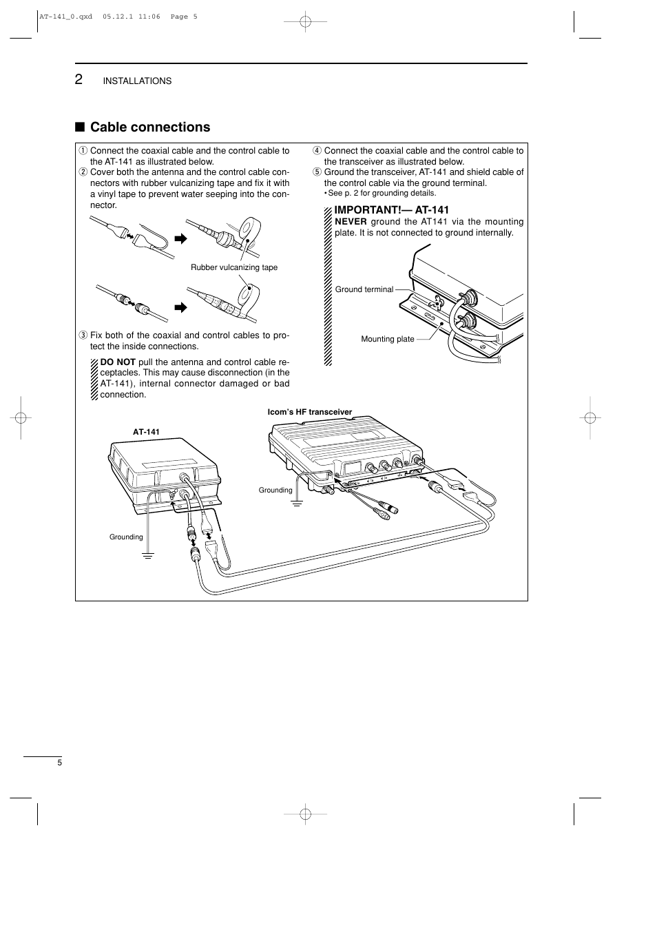 Cable connections | Icom AT-141 User Manual | Page 8 / 11