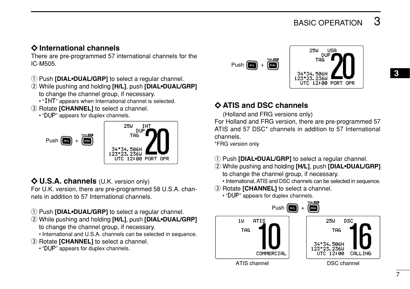 Basic operation, Пп international channels, Пп u.s.a. channels | Пп atis and dsc channels | Icom IC-M505 User Manual | Page 13 / 80