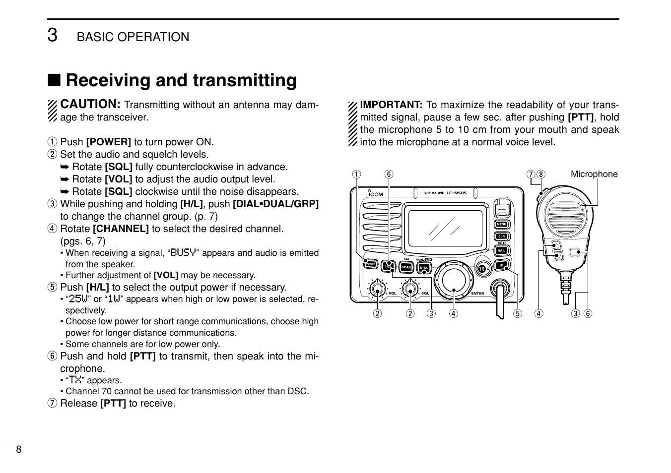 Receiving and transmitting, Basic operation, Caution | Icom IC-M505 User Manual | Page 14 / 80