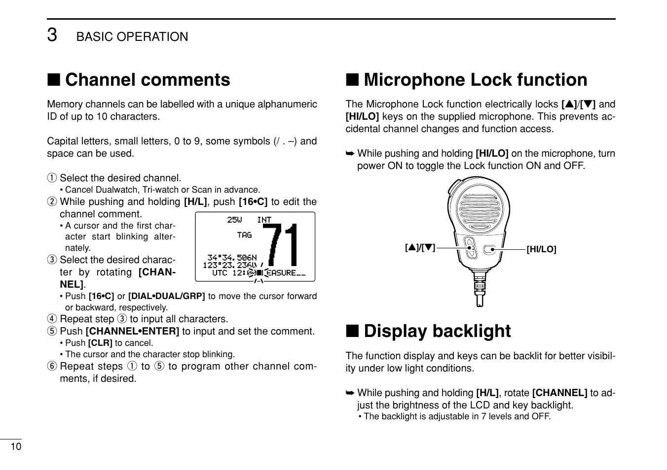 Channel comments, Microphone lock function, Display backlight | Basic operation | Icom IC-M505 User Manual | Page 16 / 80