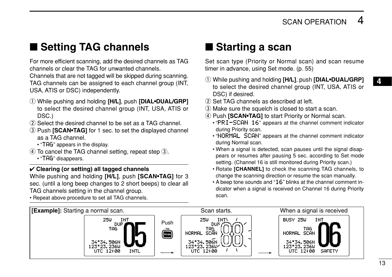Setting tag channels, Starting a scan, Scan operation | Icom IC-M505 User Manual | Page 19 / 80