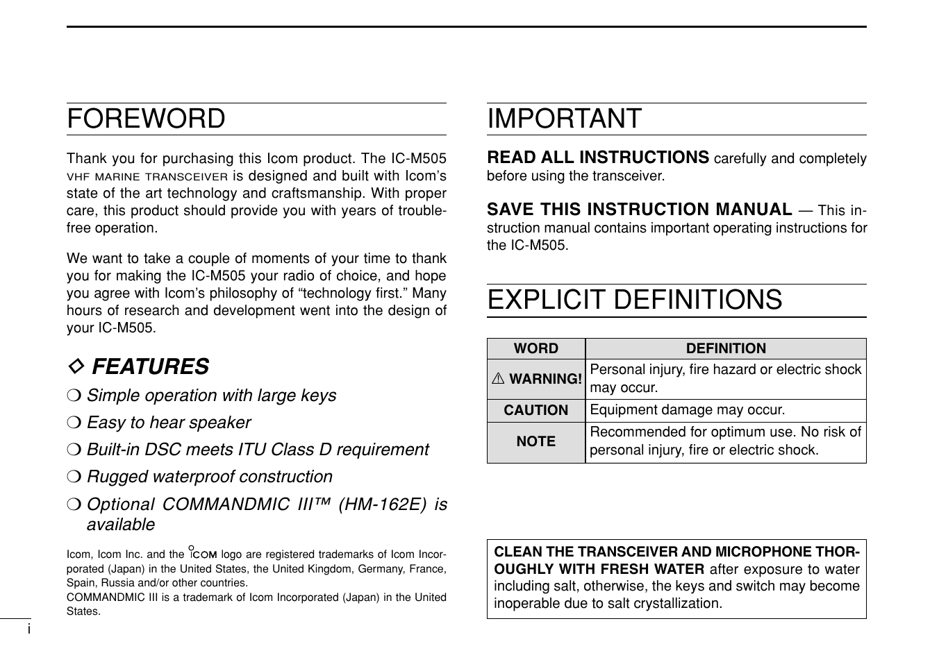 Foreword, Important, Explicit definitions | D features | Icom IC-M505 User Manual | Page 2 / 80