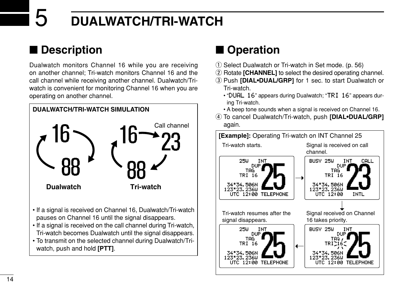 Dualwatch/tri-watch, Description, Operation | Dualwatch tri-watch | Icom IC-M505 User Manual | Page 20 / 80