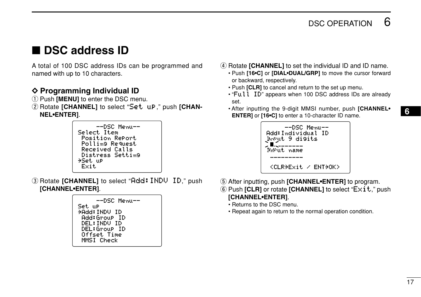 Dsc address id, Dsc operation, Dd programming individual id | Icom IC-M505 User Manual | Page 23 / 80