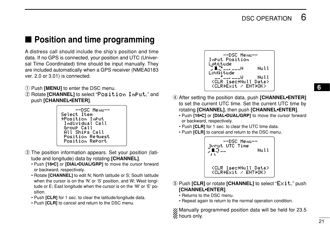 Position and time programming, Dsc operation | Icom IC-M505 User Manual | Page 27 / 80