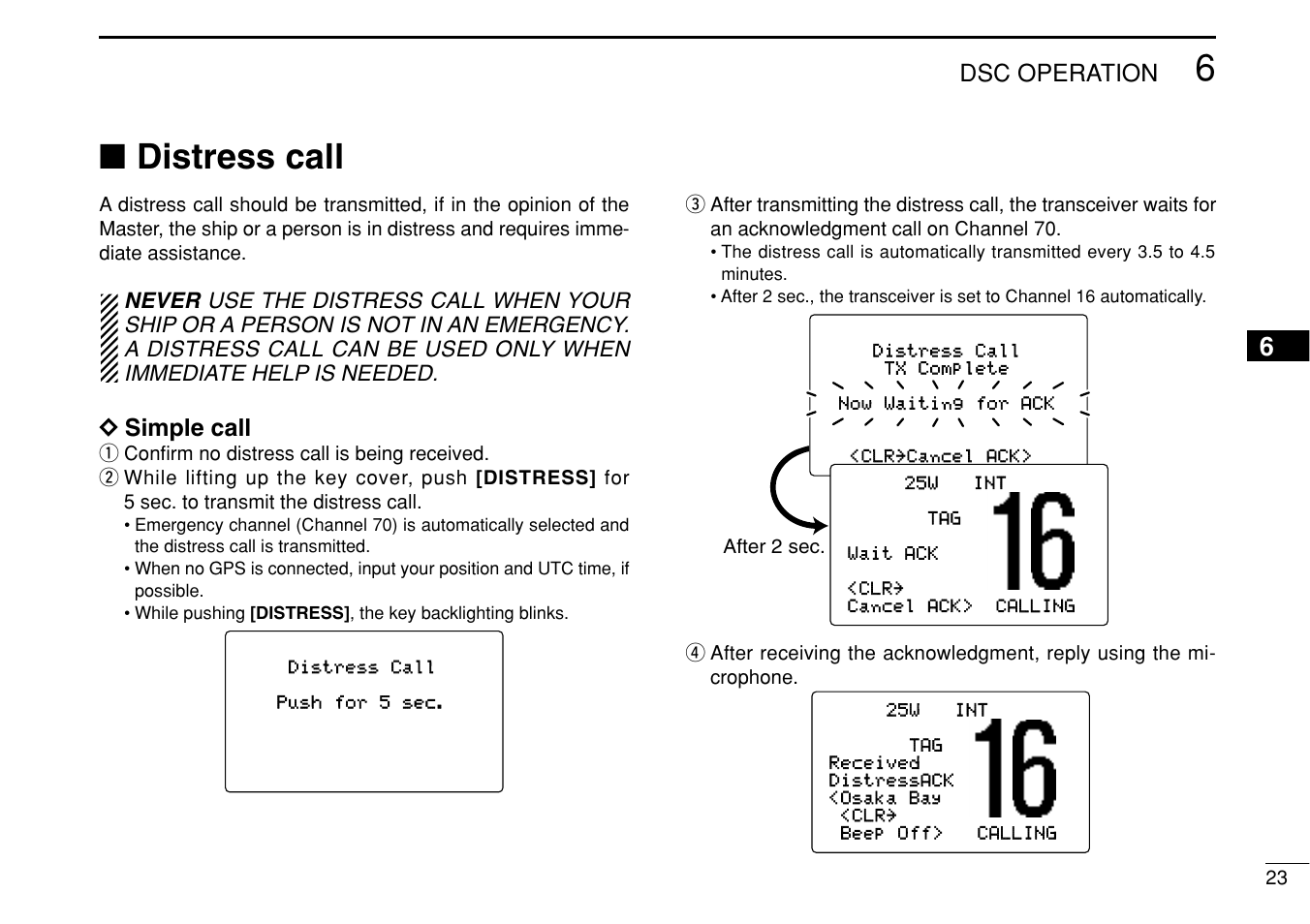 Distress call, Dsc operation, Dd simple call | Icom IC-M505 User Manual | Page 29 / 80
