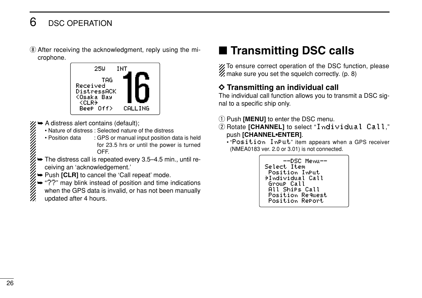 Transmitting dsc calls, Dsc operation, Dd transmitting an individual call | Icom IC-M505 User Manual | Page 32 / 80