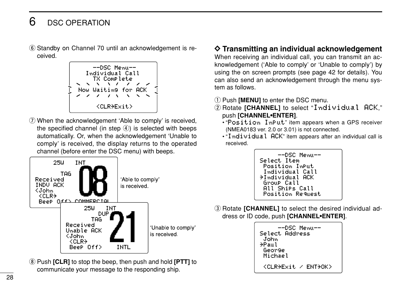 Dsc operation, Dd transmitting an individual acknowledgement | Icom IC-M505 User Manual | Page 34 / 80