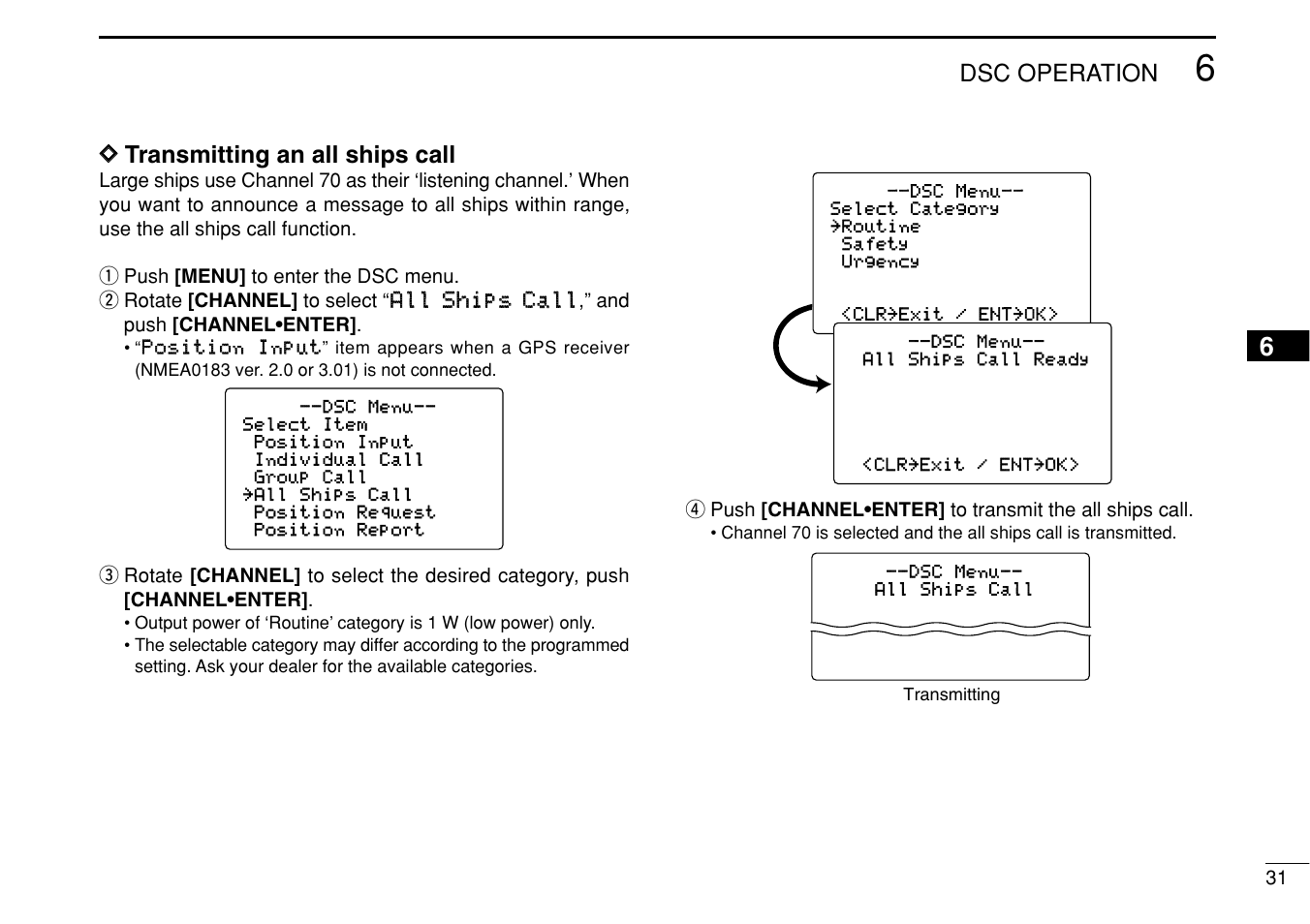Dsc operation, Dd transmitting an all ships call | Icom IC-M505 User Manual | Page 37 / 80