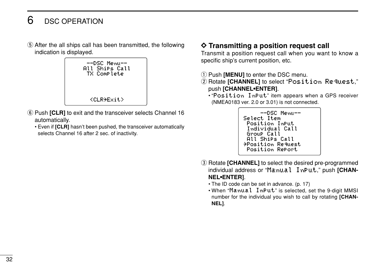 Dsc operation, Dd transmitting a position request call | Icom IC-M505 User Manual | Page 38 / 80
