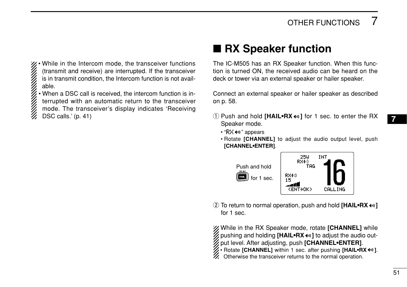 Rx speaker function, Other functions | Icom IC-M505 User Manual | Page 57 / 80