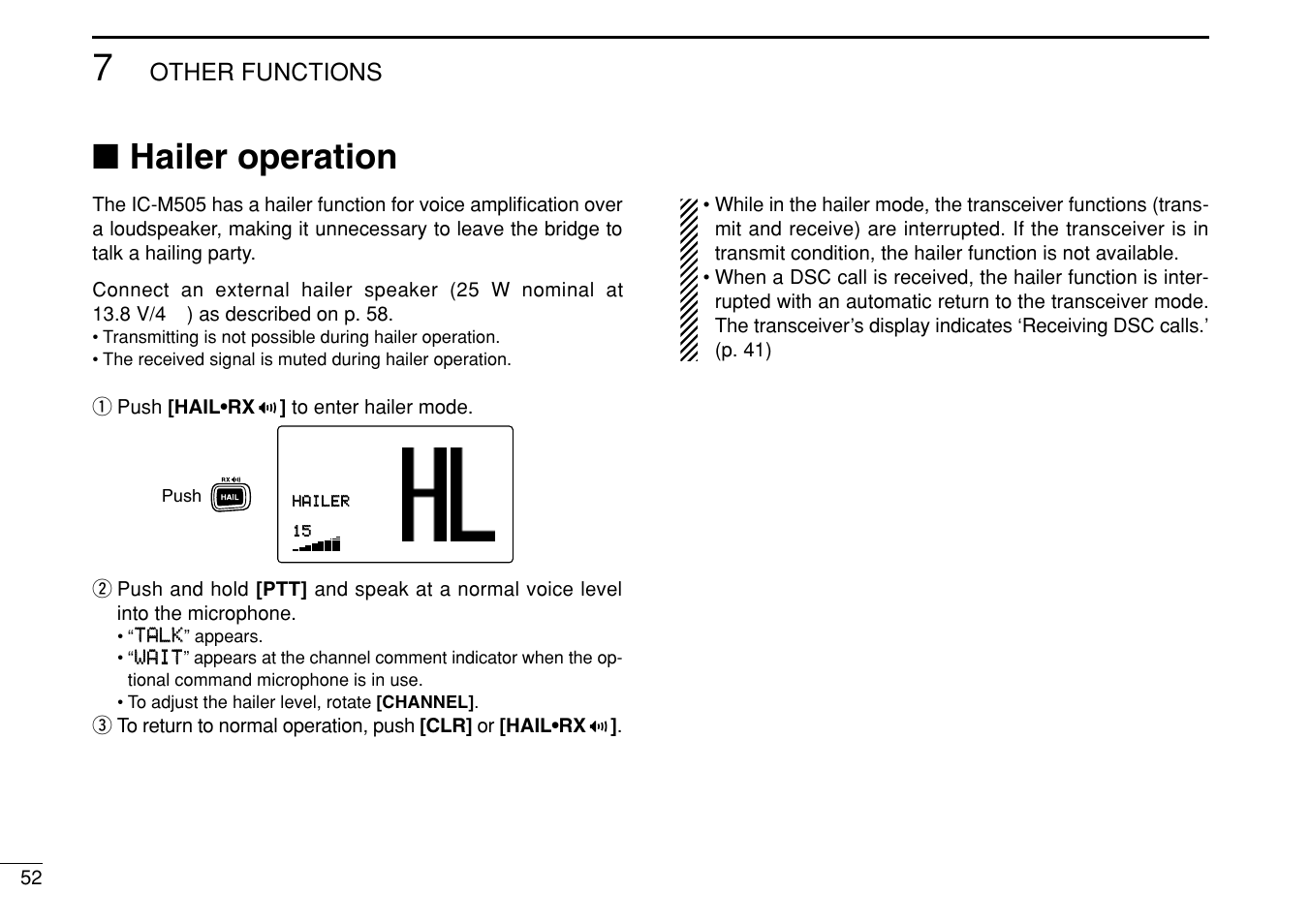 Hailer operation, Other functions | Icom IC-M505 User Manual | Page 58 / 80