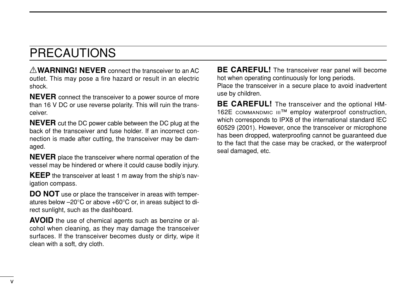 Precautions | Icom IC-M505 User Manual | Page 6 / 80