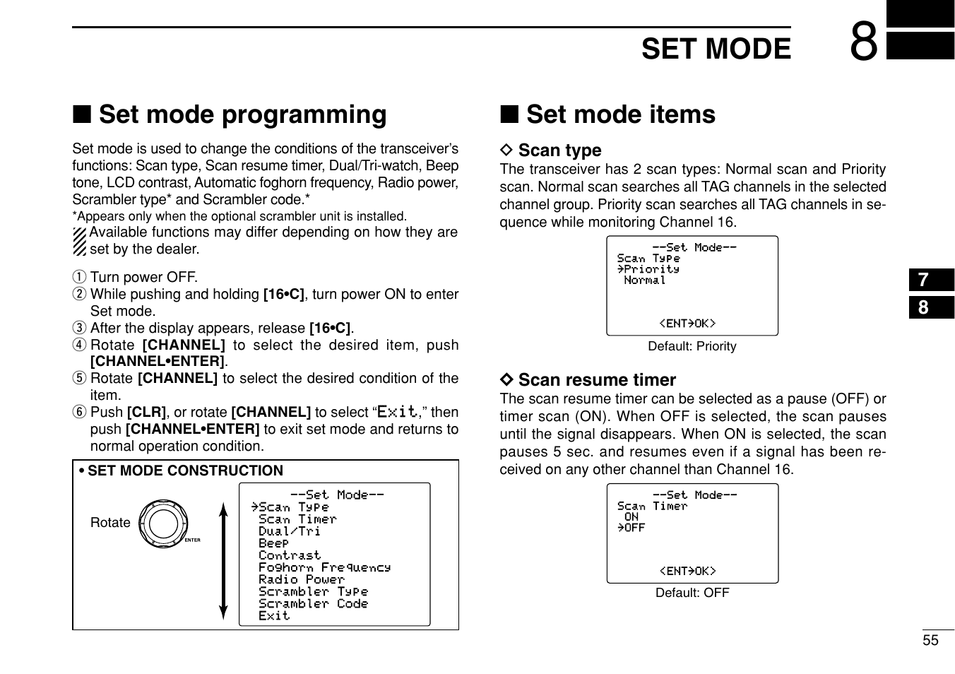 Set mode, Set mode programming, Set mode items | Icom IC-M505 User Manual | Page 61 / 80