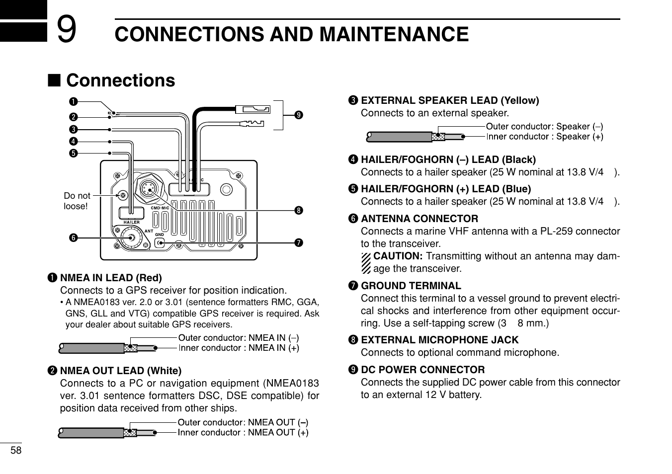 Connections and maintenance, Connections | Icom IC-M505 User Manual | Page 64 / 80