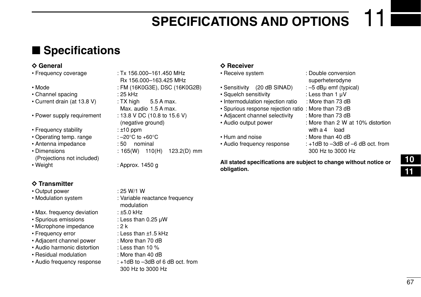 Specifications and options, Specifications | Icom IC-M505 User Manual | Page 73 / 80