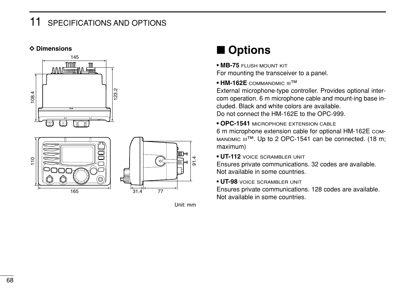 Options, Specifications and options | Icom IC-M505 User Manual | Page 74 / 80