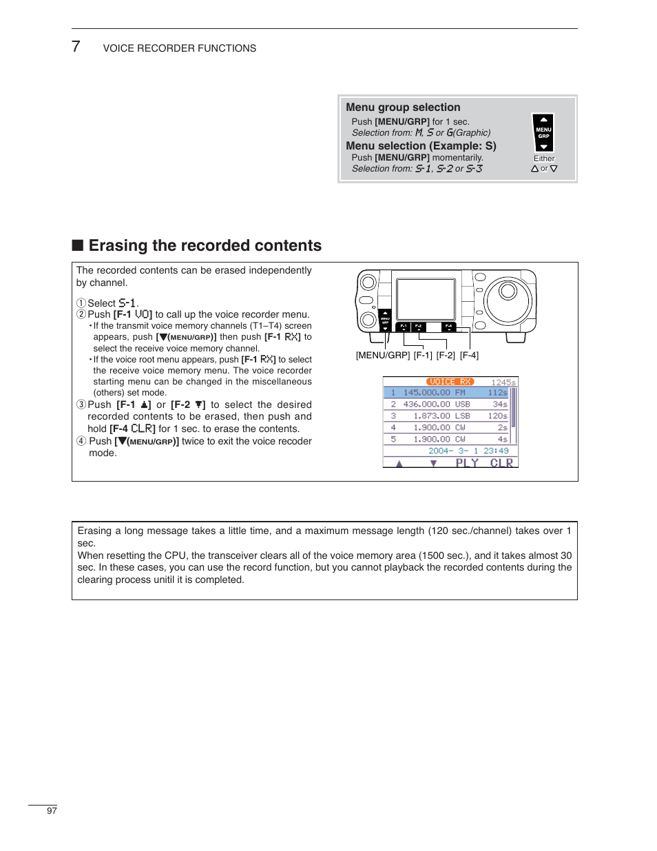 Erasing the recorded contents | Icom IC-7000 User Manual | Page 106 / 166