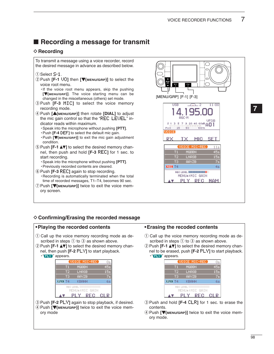 Recording a message for transmit, Erasing the recoded contents | Icom IC-7000 User Manual | Page 107 / 166