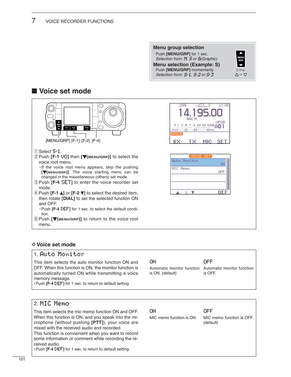 Voice set mode, D voice set mode 1. auto monitor | Icom IC-7000 User Manual | Page 110 / 166