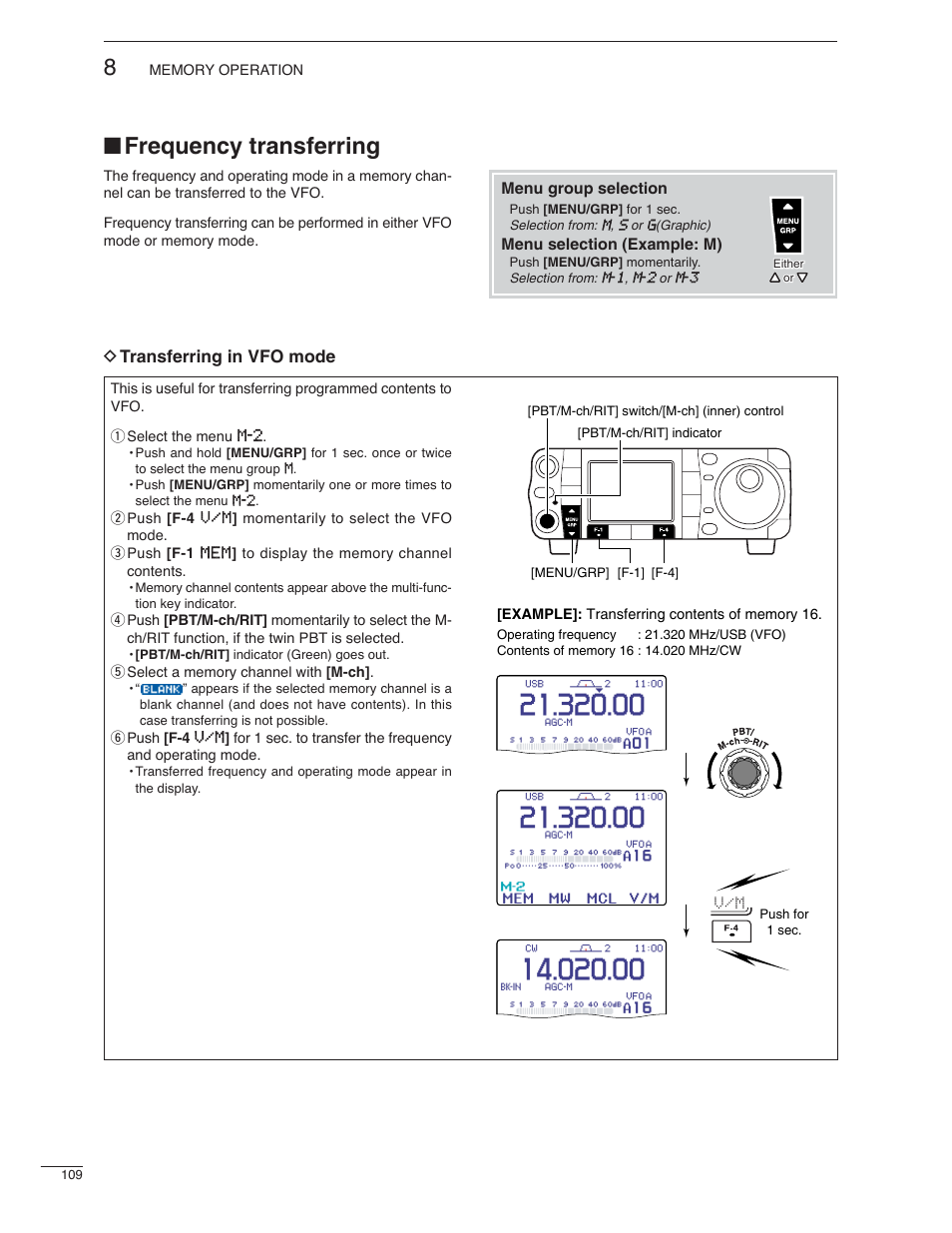 Frequency transferring, D transferring in vfo mode | Icom IC-7000 User Manual | Page 118 / 166
