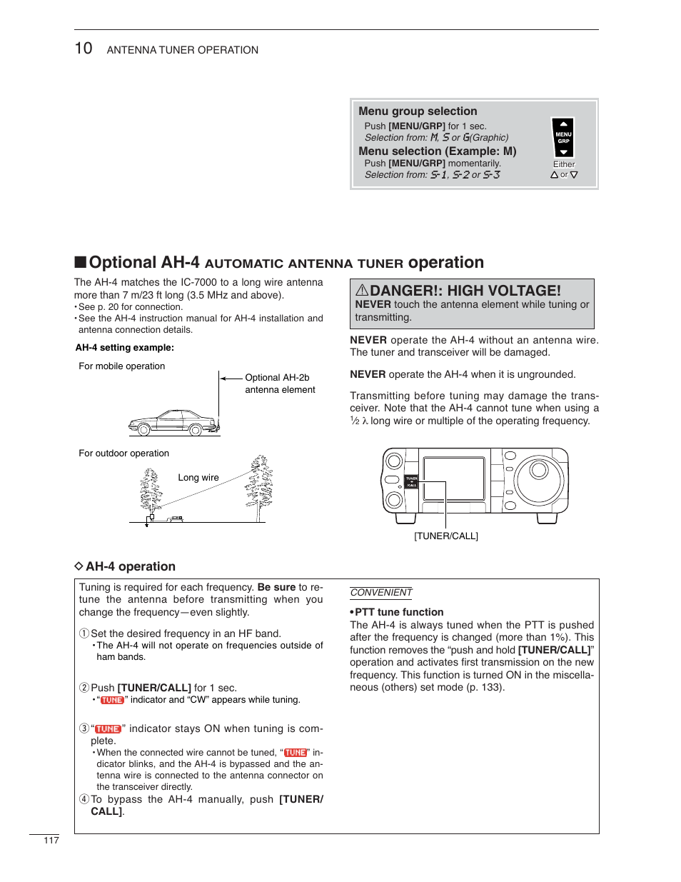 Optional ah-4, Operation, R danger!: high voltage | Icom IC-7000 User Manual | Page 126 / 166