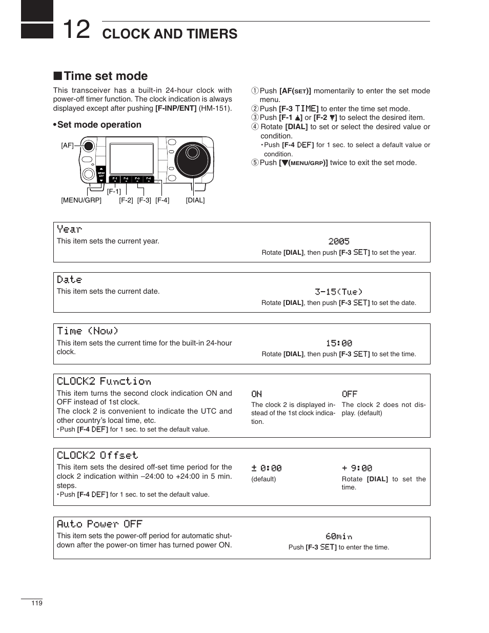 Clock and timers, Time set mode | Icom IC-7000 User Manual | Page 128 / 166