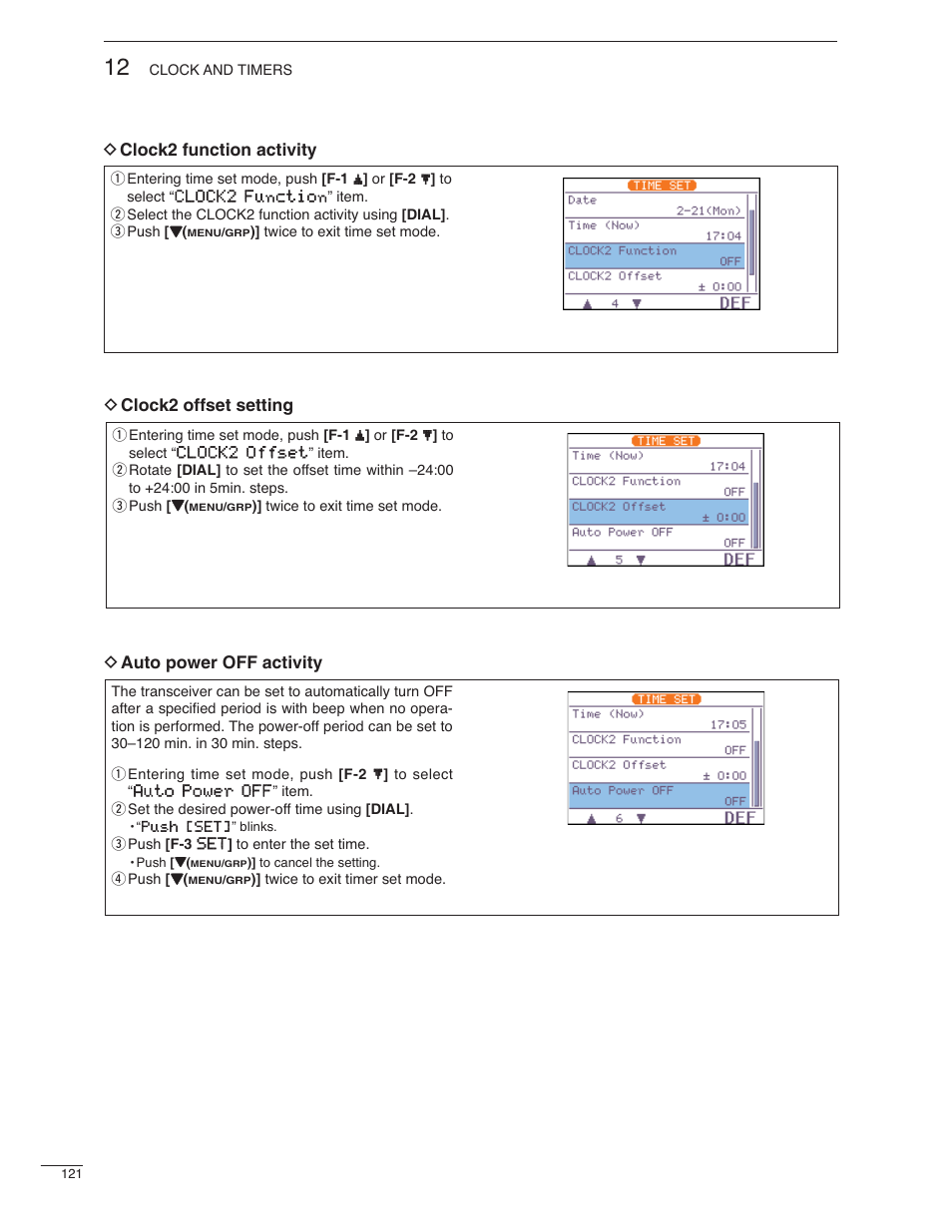 D auto power off activity, D clock2 function activity d clock2 offset setting | Icom IC-7000 User Manual | Page 130 / 166