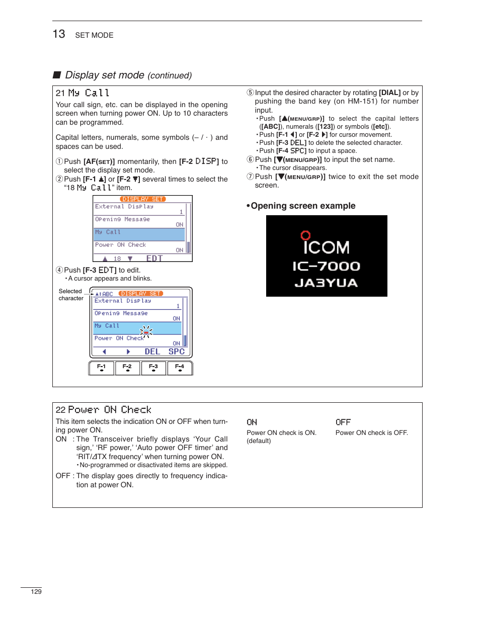 Display set mode, Continued) 22 power on check, 21 my call | Opening screen example | Icom IC-7000 User Manual | Page 138 / 166