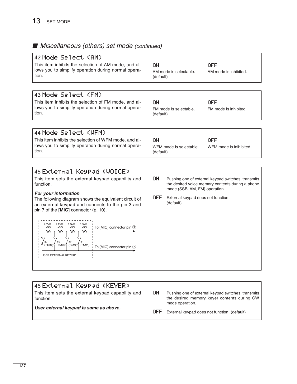 Miscellaneous (others) set mode, 45 external keypad (voice), 46 external keypad (keyer) | Continued) 43 mode select (fm), 44 mode select (wfm), 42 mode select (am) | Icom IC-7000 User Manual | Page 146 / 166