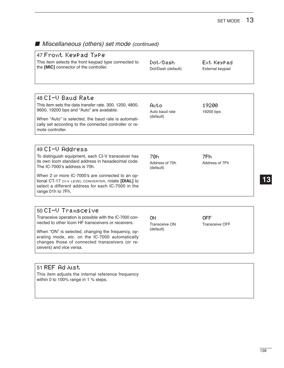 Miscellaneous (others) set mode | Icom IC-7000 User Manual | Page 147 / 166