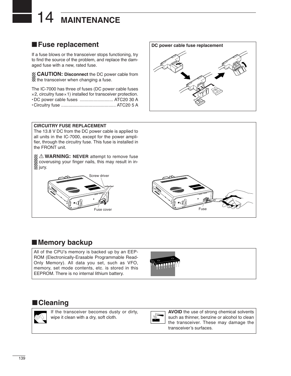 Maintenance, Fuse replacement, Cleaning | Icom IC-7000 User Manual | Page 148 / 166