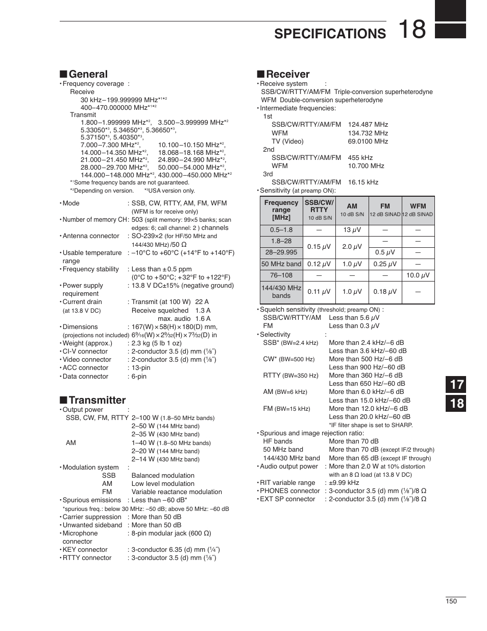 Specifications, General, Transmitter | Receiver | Icom IC-7000 User Manual | Page 159 / 166