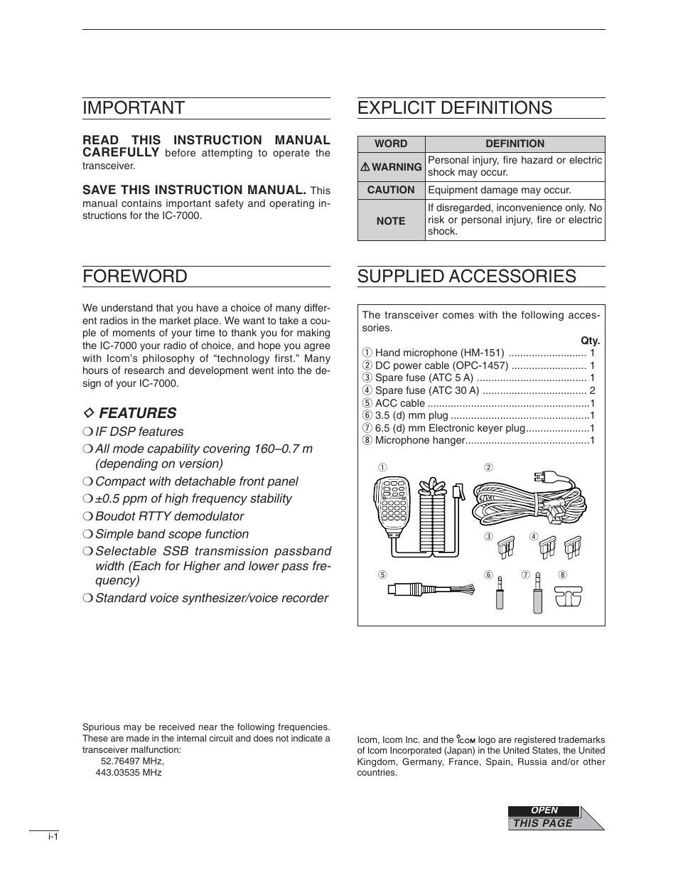 Important, Explicit definitions, Foreword supplied accessories | D features | Icom IC-7000 User Manual | Page 2 / 166