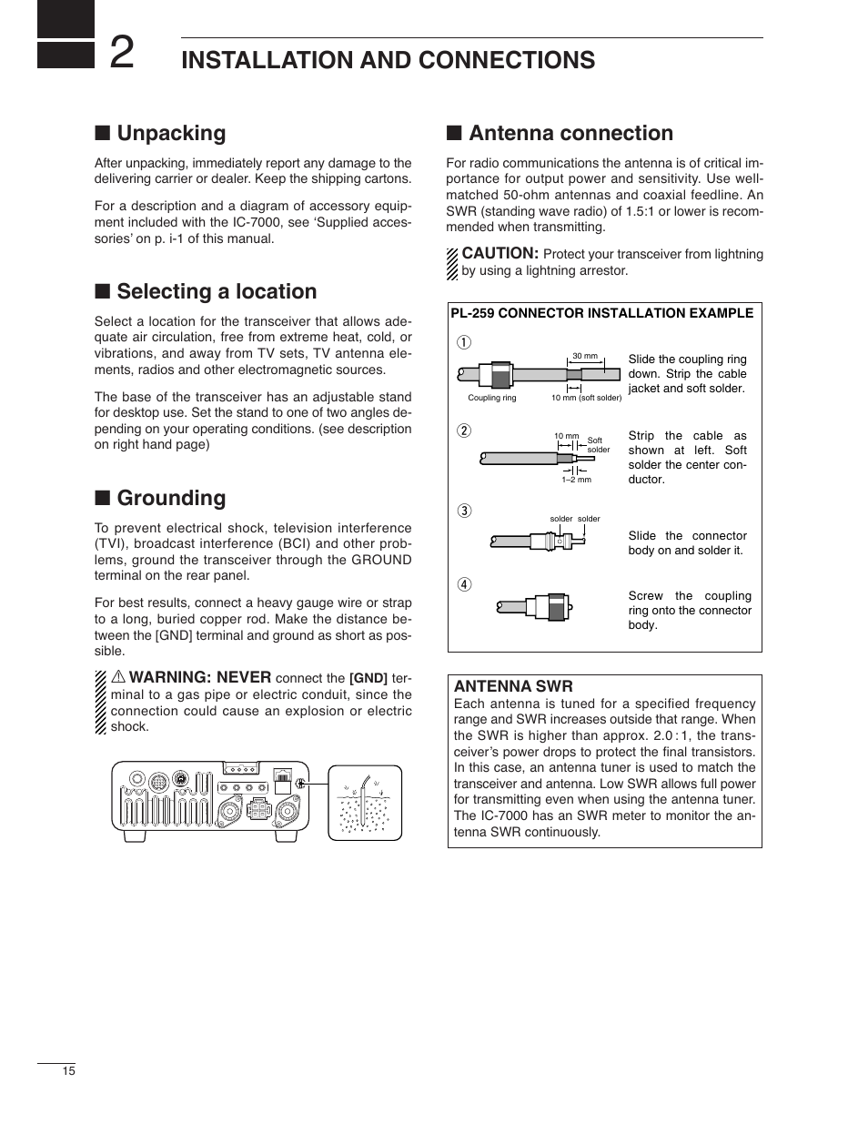 Installation and connections, Unpacking, Selecting a location | Grounding, Antenna connection | Icom IC-7000 User Manual | Page 24 / 166