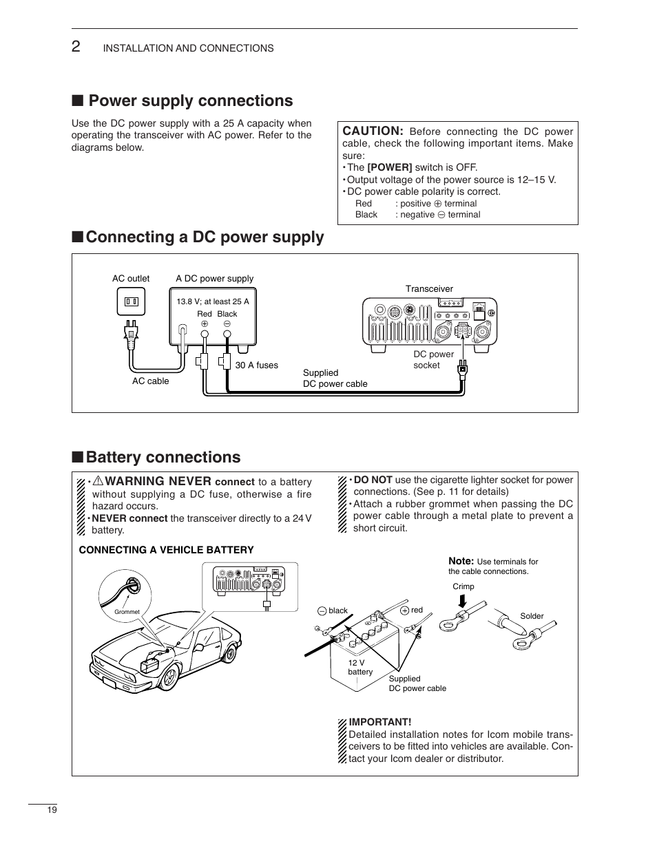 Power supply connections, Battery connections, Connecting a dc power supply | Icom IC-7000 User Manual | Page 28 / 166