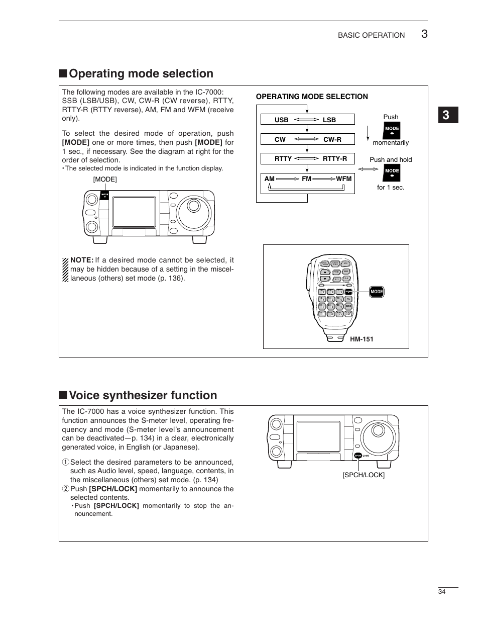 Operating mode selection, Voice synthesizer function, Basic operation | Hm-151 | Icom IC-7000 User Manual | Page 43 / 166