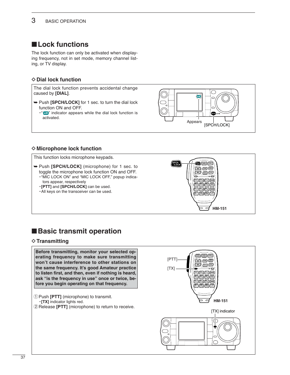 Basic transmit operation, Lock functions, D transmitting | D microphone lock function, D dial lock function, Wrelease [ptt] (microphone) to return to receive, Tx] indicator lights red, Tx] indicator, Ptt] [tx] hm-151, Hm-151 | Icom IC-7000 User Manual | Page 46 / 166