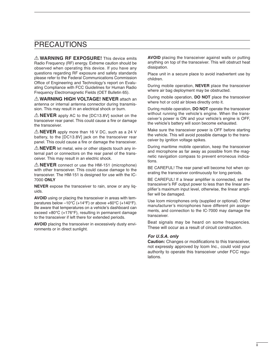 Precautions | Icom IC-7000 User Manual | Page 5 / 166