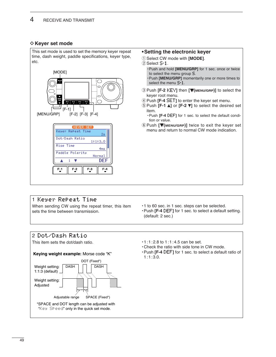 Setting the electronic keyer, D keyer set mode 1 keyer repeat time, 2 dot/dash ratio | Icom IC-7000 User Manual | Page 58 / 166