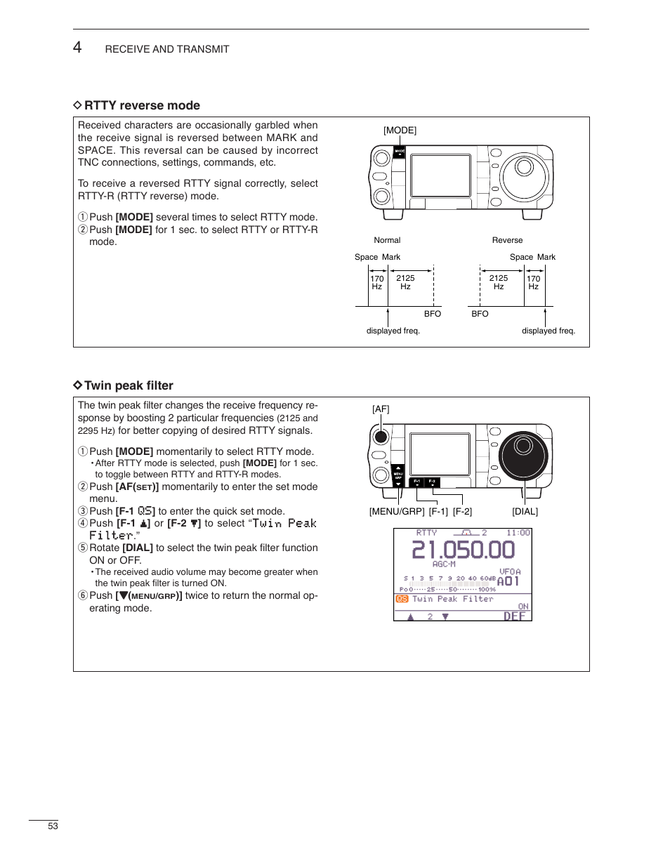 D rtty reverse mode, Dtwin peak filter | Icom IC-7000 User Manual | Page 62 / 166