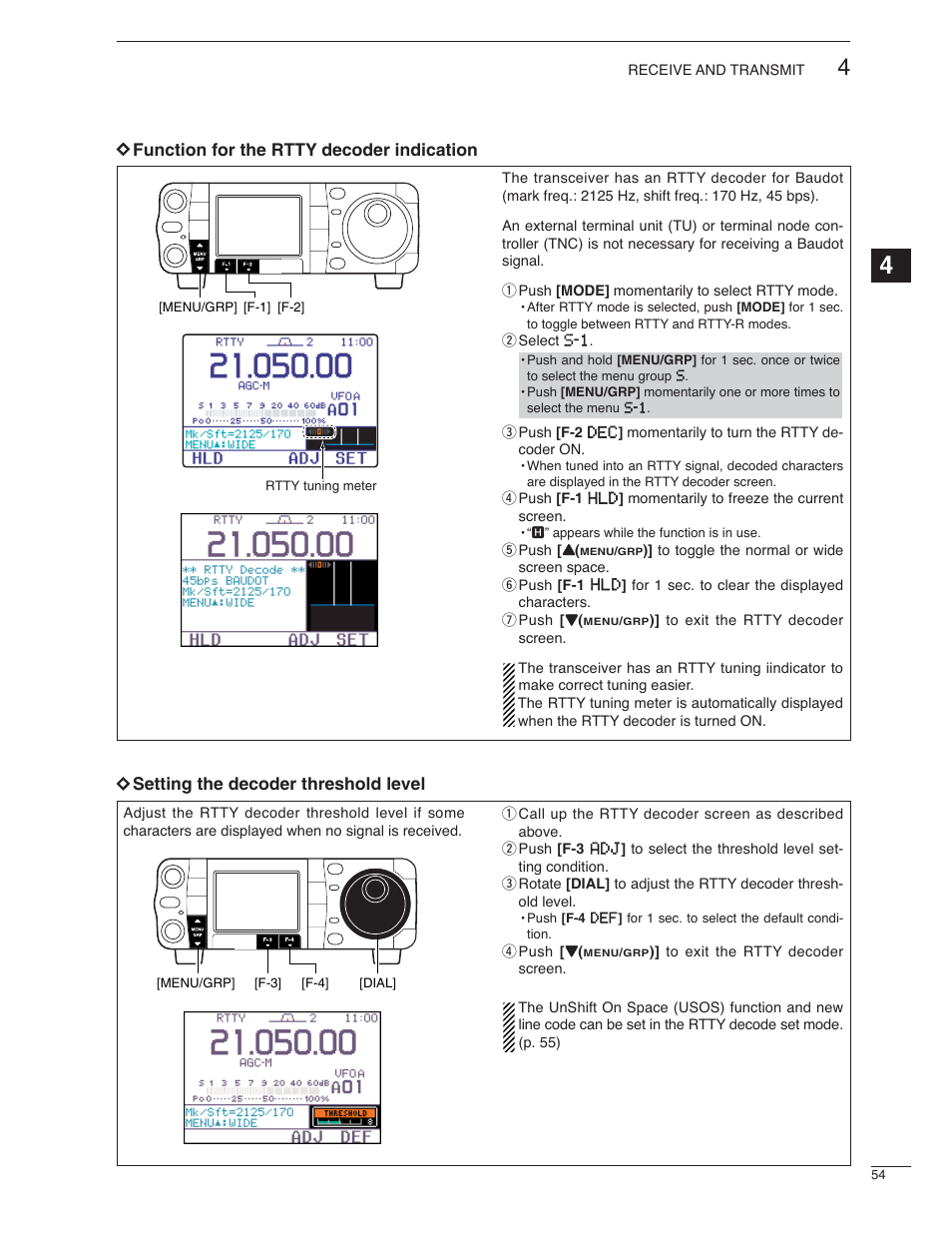 D function for the rtty decoder indication, D setting the decoder threshold level | Icom IC-7000 User Manual | Page 63 / 166