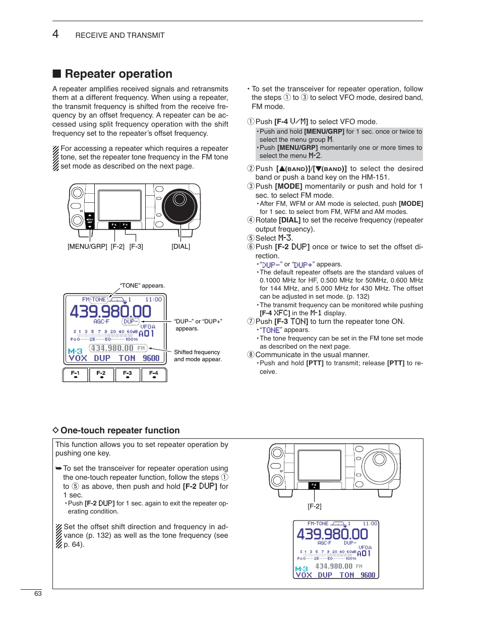 Repeater operation, D one-touch repeater function | Icom IC-7000 User Manual | Page 72 / 166