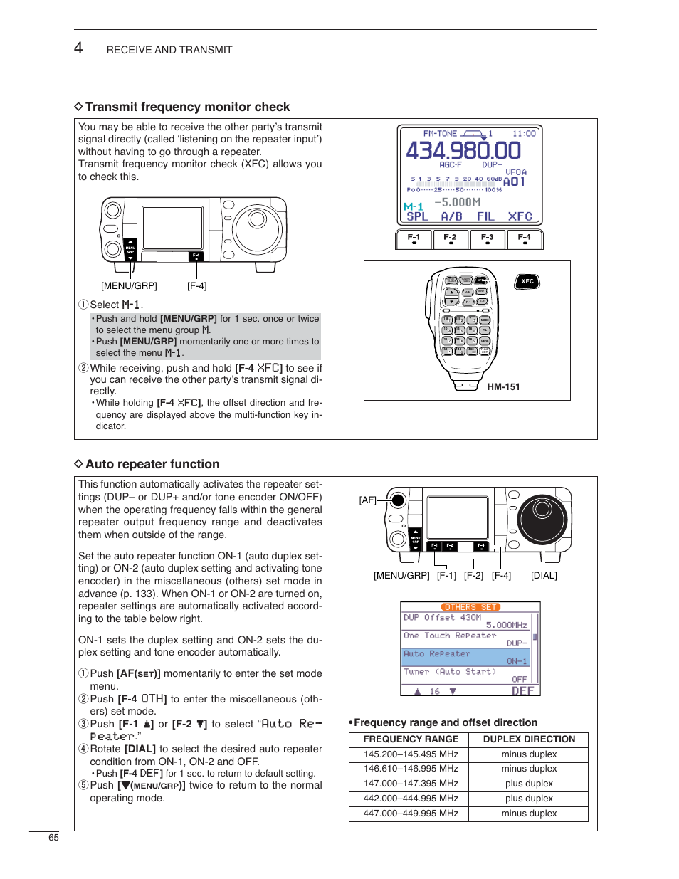 D auto repeater function, D transmit frequency monitor check, Tpush [ z | Icom IC-7000 User Manual | Page 74 / 166