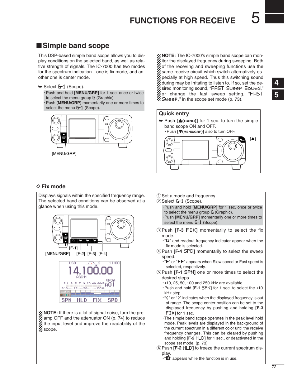 Functions for receive, Simple band scope | Icom IC-7000 User Manual | Page 81 / 166