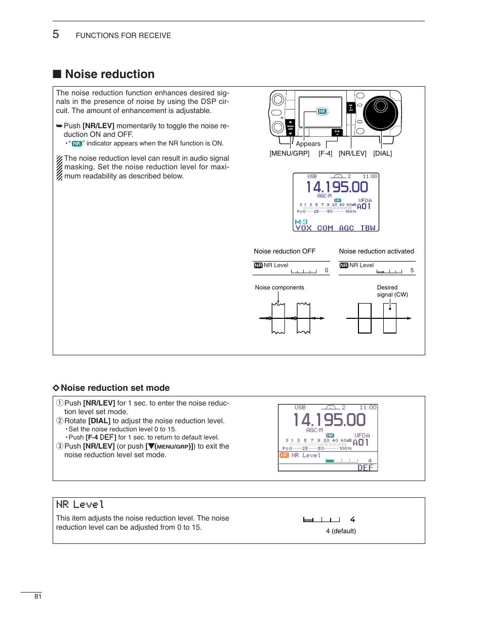 Noise reduction, Nr level, D noise reduction set mode | Icom IC-7000 User Manual | Page 90 / 166