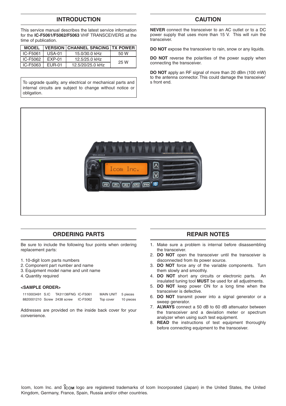 Introduction, Ordering parts | Icom IC-F5061 User Manual | Page 2 / 36
