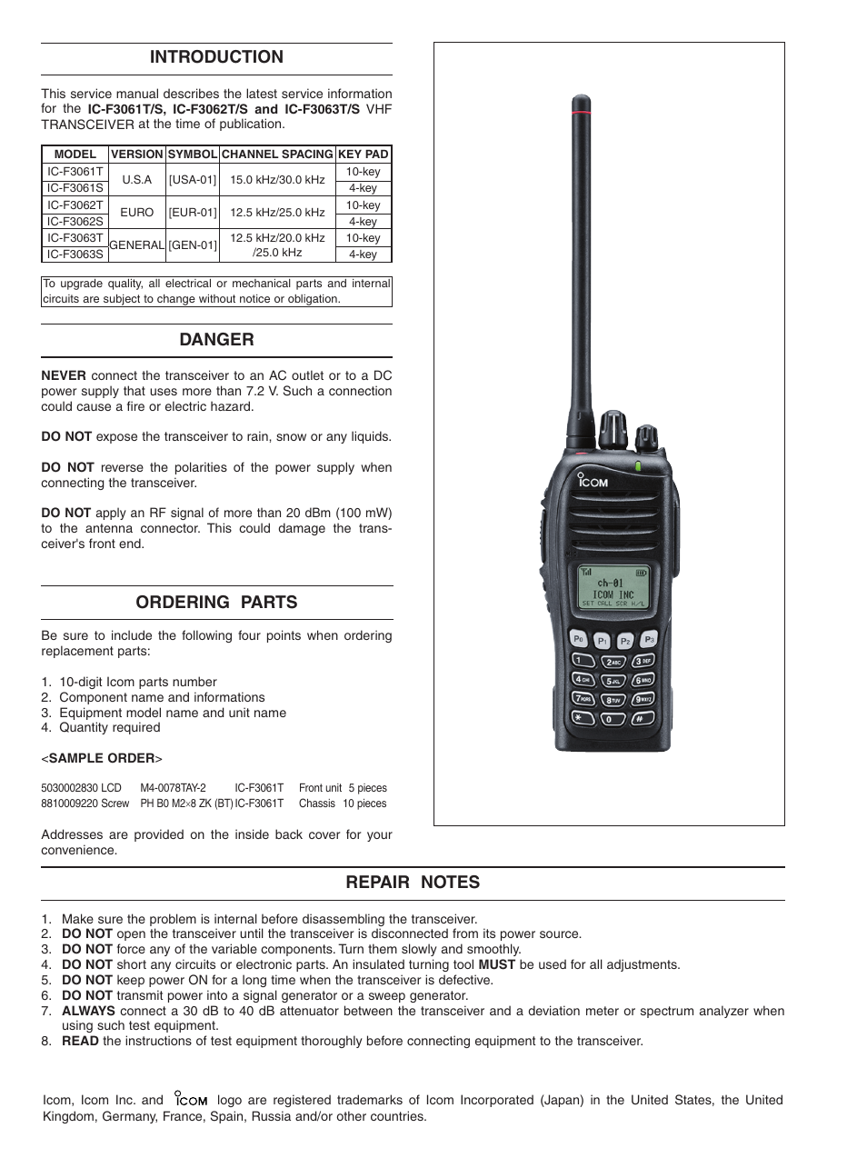 Introduction, Ordering parts, Danger | Icom IC-F3061S User Manual | Page 2 / 72