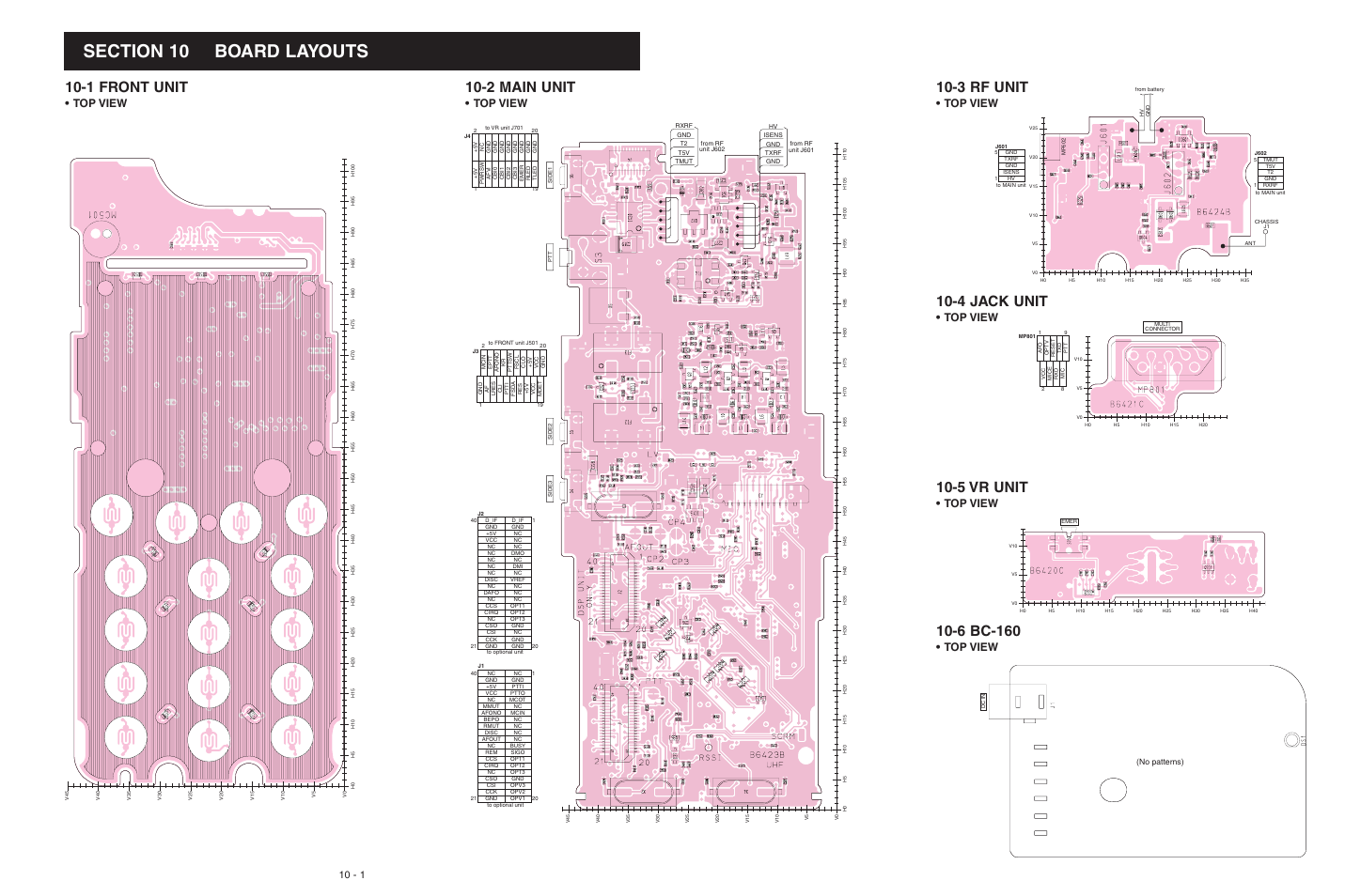 Board layouts, Front unit, Main unit | Rf unit, Jack unit, Vr unit, Bc-160, 1 front unit, 2 main unit, 5 vr unit | Icom IC-F3061S User Manual | Page 65 / 72